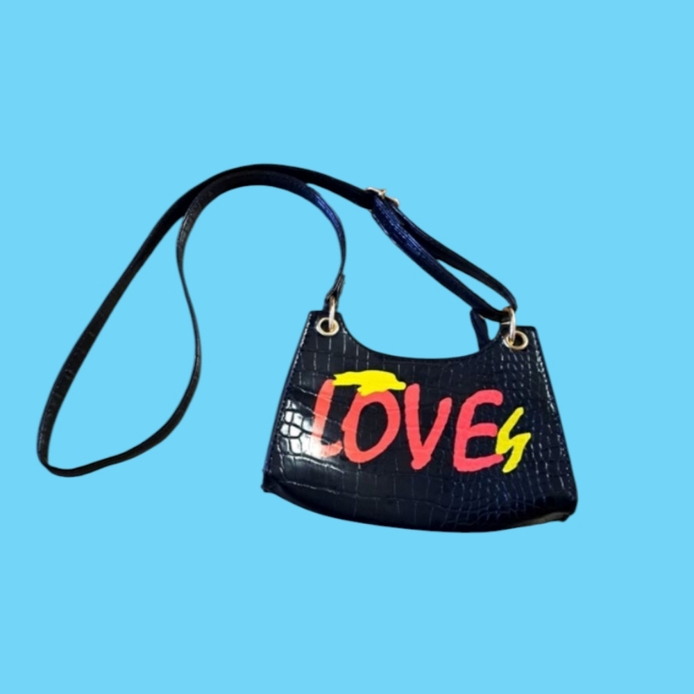 Black Croc-Embossed Shoulder Crossbody Clutch Bag with Colorful 'Love' Design